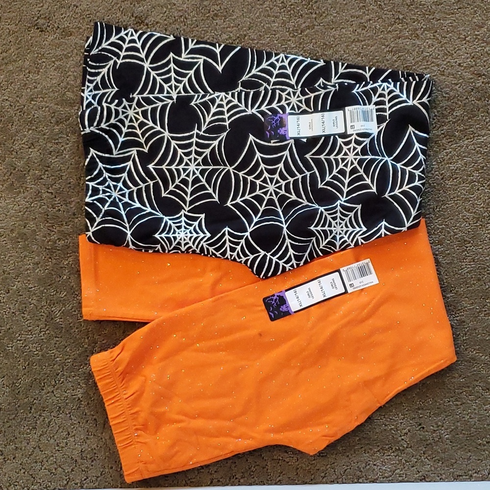 2 pair Happy Halloween Leggings Size XL 14/16 Glitter Spiderwebs Orange NWT